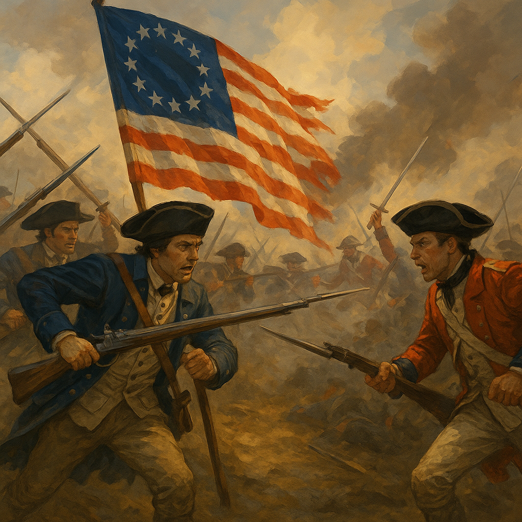 Painting of an intense Revolutionary War battle scene showing American Continental Army soldiers clashing with British Redcoats. An American soldier at the center holds a Betsy Ross flag high as smoke and chaos fill the battlefield, with bayonets drawn and expressions of determination on both sides.