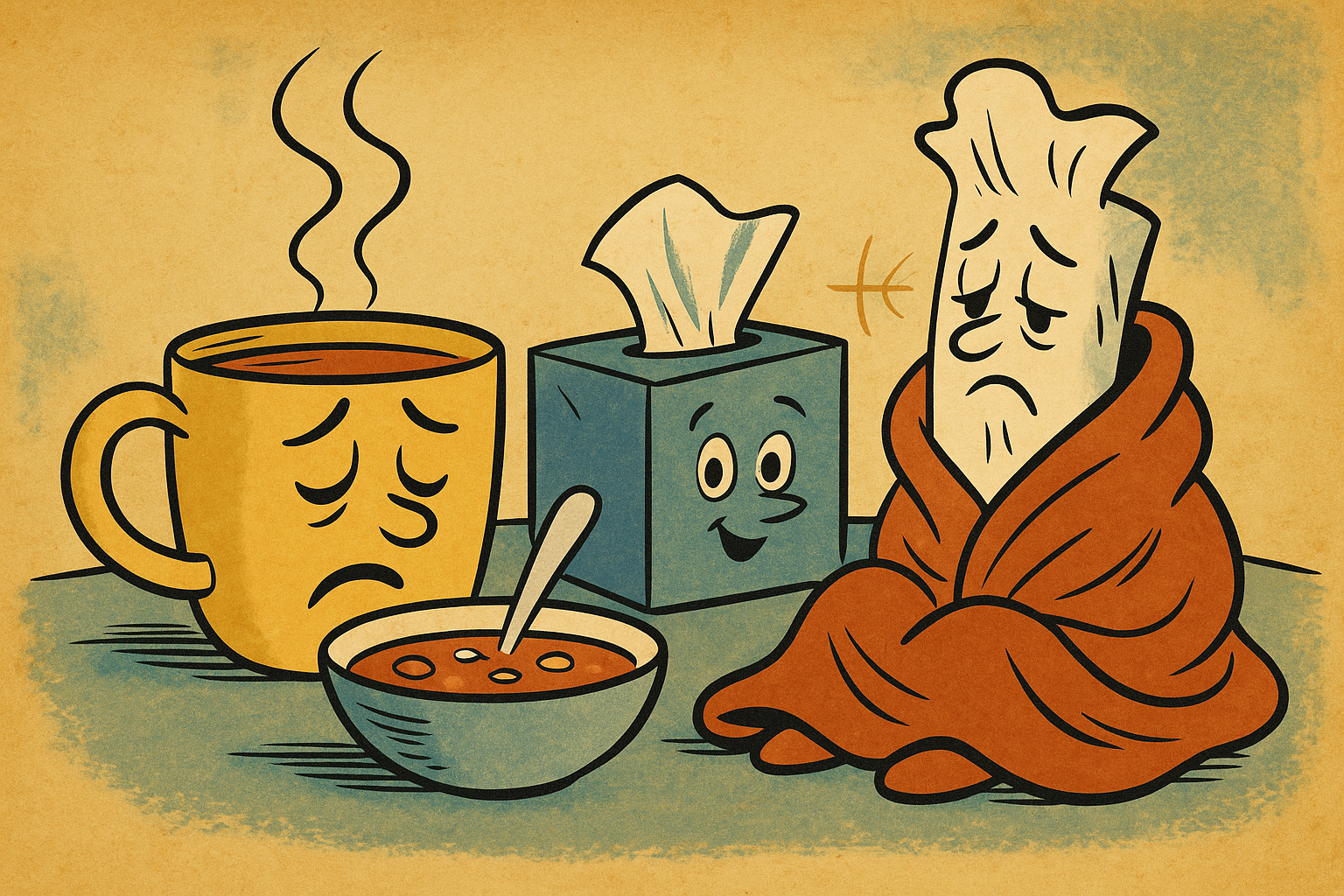  A sad, steaming cup, a bowl of soup, a cheerful tissue box, and a tissue wrapped in a blanket are depicted in a cartoon style.