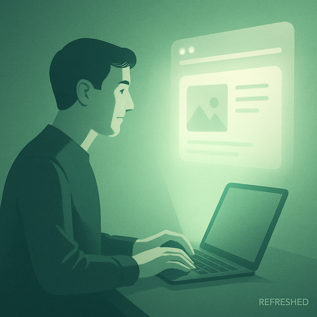 A stylized digital illustration of a man sitting at a desk, typing on a laptop. A soft green glow emanates from the screen, projecting a holographic website interface onto the wall in front of him. The atmosphere is calm and modern, evoking a sense of focused creativity and digital craftsmanship.