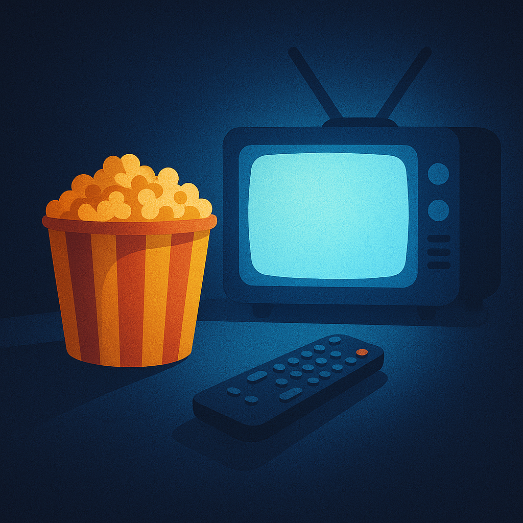 A cozy digital illustration of a retro TV glowing blue in a dark room, with a striped popcorn bucket and a remote control in the foreground. The scene evokes a nostalgic movie night atmosphere.